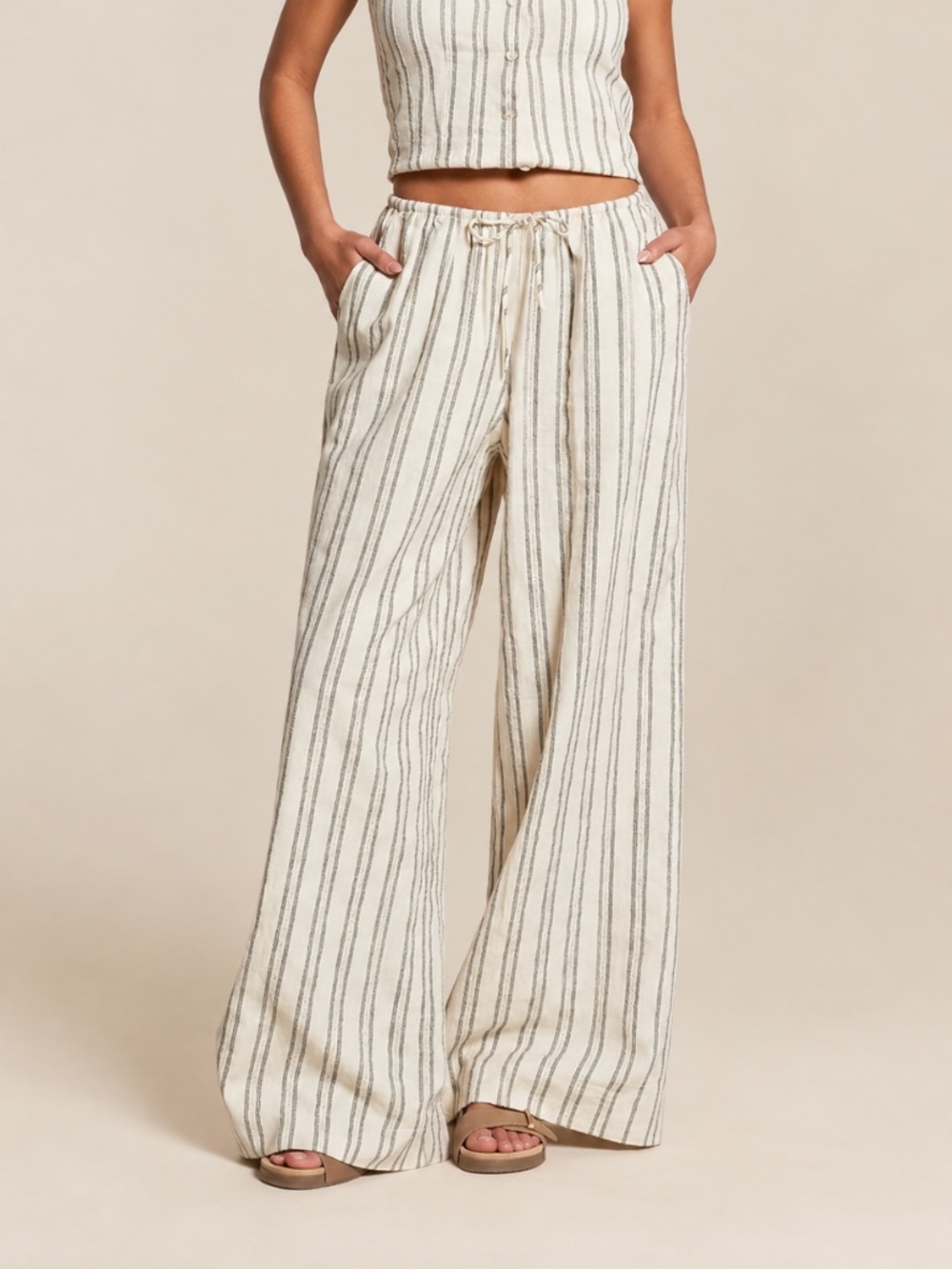 NWT Z Supply Soleil Stripe Pant Sea Salt Wide Leg Drawstring Large